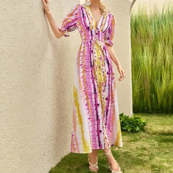 Tie Dye Puff Sleeve Button Down Maxi Dress - Picture 3 of 9